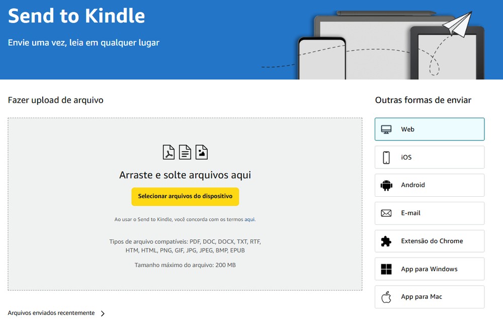 Site permite enviar o PDF direto do computador para a biblioteca do Kindle — Foto: Reprodução/Amazon