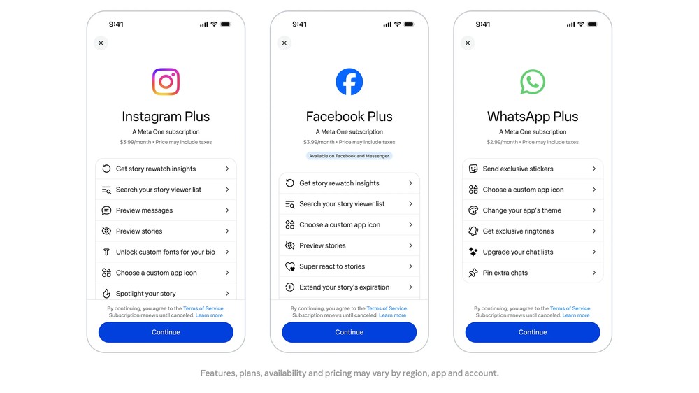 Meta One inclui Instagram Plus, WhatsApp Plus e Facebook Plus — Foto: Divulgação/Meta