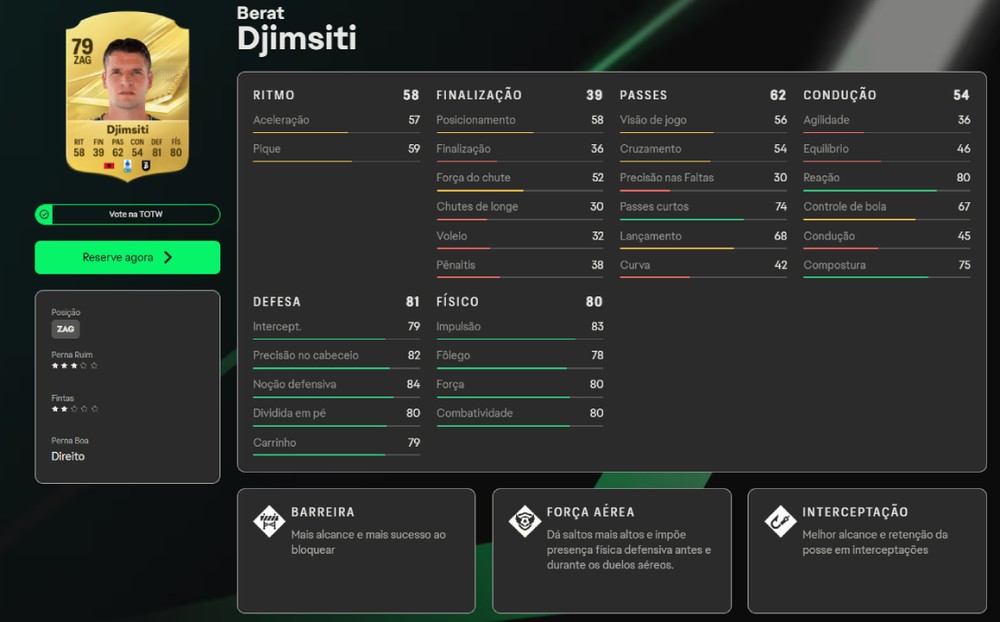 Berat Djimsiti, do Al Diriyah, no EA Sports FC 27 — Foto: Reprodução/Site EA Sports FC 27