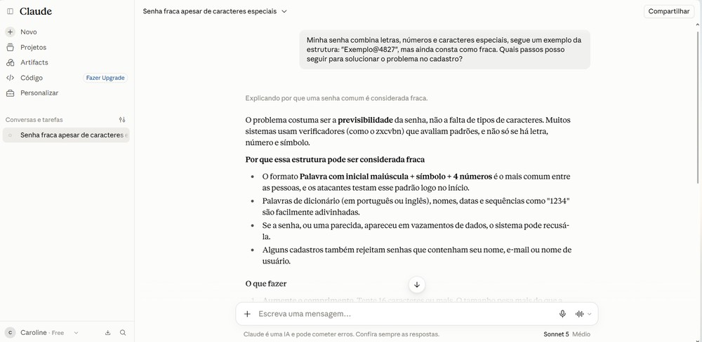 Senhas, códigos 2FA e chaves de API não devem ser compartilhados com o Claude — Foto: Reprodução/Caroline Silvestre