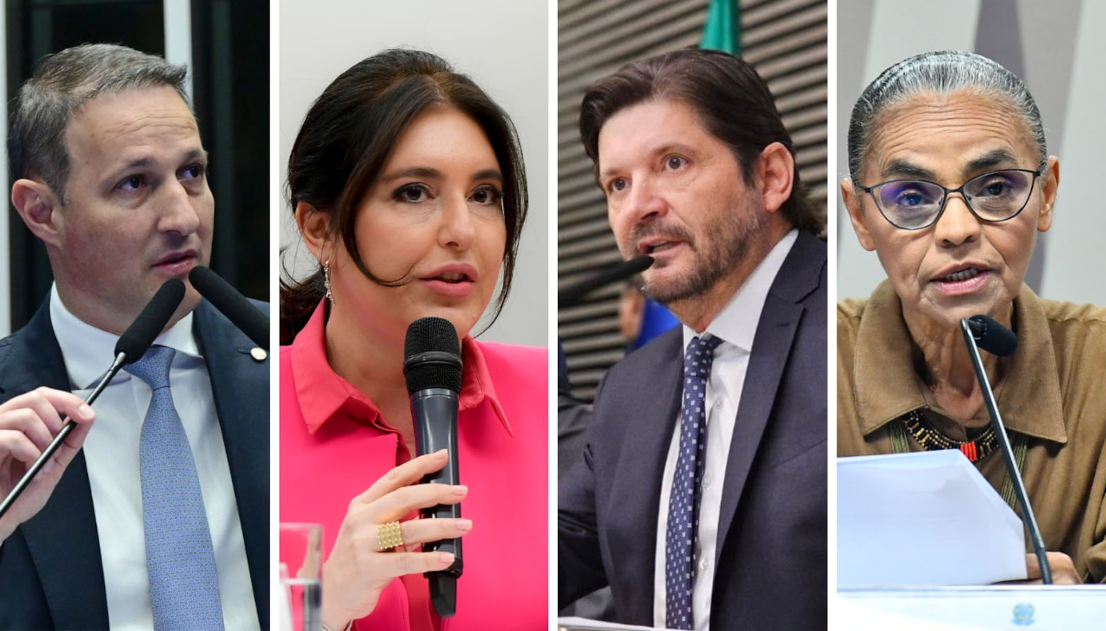Guilherme Derrite, SImone Tebet, André do Prado e Marina Silva Montagem: Geraldo Magela/Agência Senado- 12.12.2025 e Marcos Oliveira/Agência Senado- 8.07.2025 e Redes socias/ André do Prado - 02.09.2025 e Geraldo Magela/Agência Senado- 27.05.2025