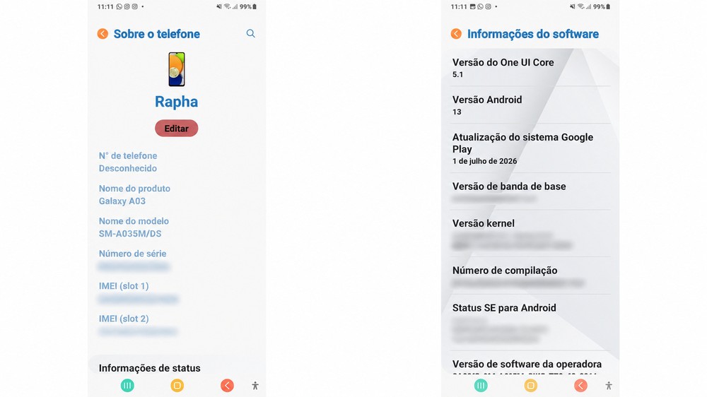 Galaxy A03 com Android 13 e One UI Core 5.1 foi o celular escolhido para colocar as dicas do Google à prova — Foto: Reprodução/Samsung Galaxy A03