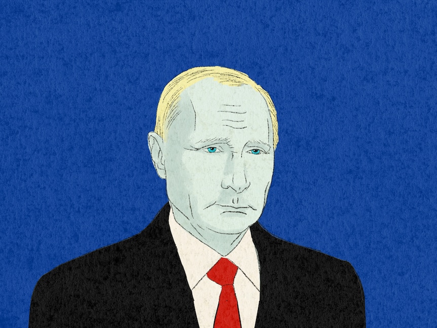 An illustration of Vladimir Putin with a blue tinge to hsi face, blue background, in a black suit with red tie