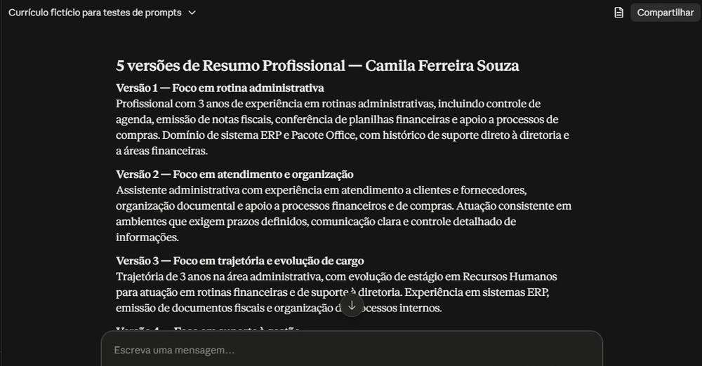 Resumos profissionais feitos pelo Claude com base no currículo — Foto: Diedrich Bader/TechTudo