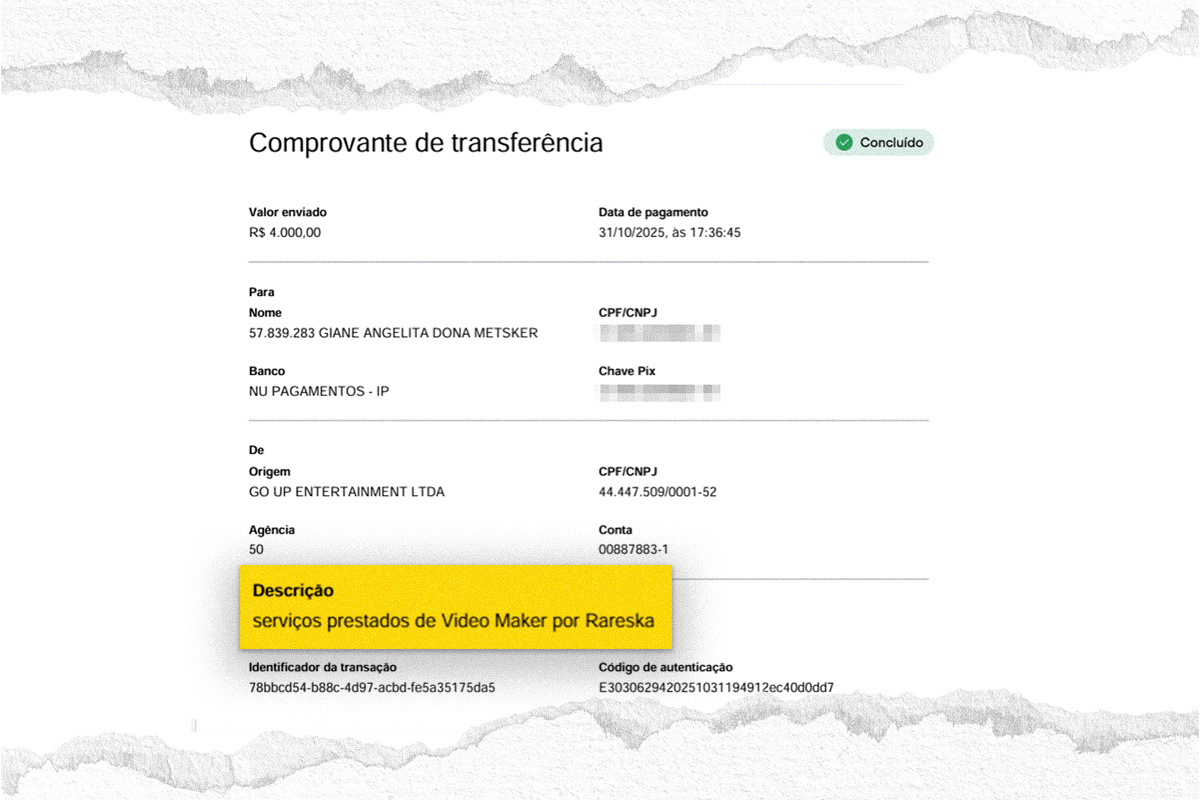 Imagem colorida mostra comprovante em beneficio de empresa de mãe de assessora de Mario Frias | Metrópoles