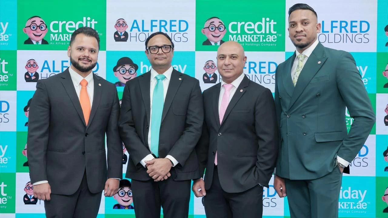 From Left: Avinash Babur, Founder and Chairman of Alfred Holdings, Rajesh Khare, General Manager of HolidayMarket.ae, Ameet Lakhiani, Group Managing Director of Alfred Holdings, Shadab Ahamed, General Manager CreditMarket.ae, during the launch on Wednesday.
