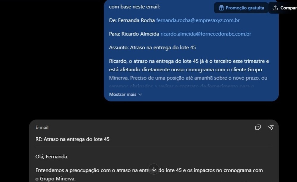 ChatGPT respondendo e-mail com informações confidenciais — Foto: Diedrich Bader/TechTudo