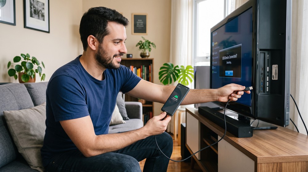 É possível transferir arquivos para assistir filmes, clipes e outros direto na TV — Foto: Imagem gerada pelo Nano Banana Pro