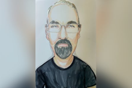 A court sketch of Snowtown killer James Vlassakis, who has walked free from jail after nearly three decades