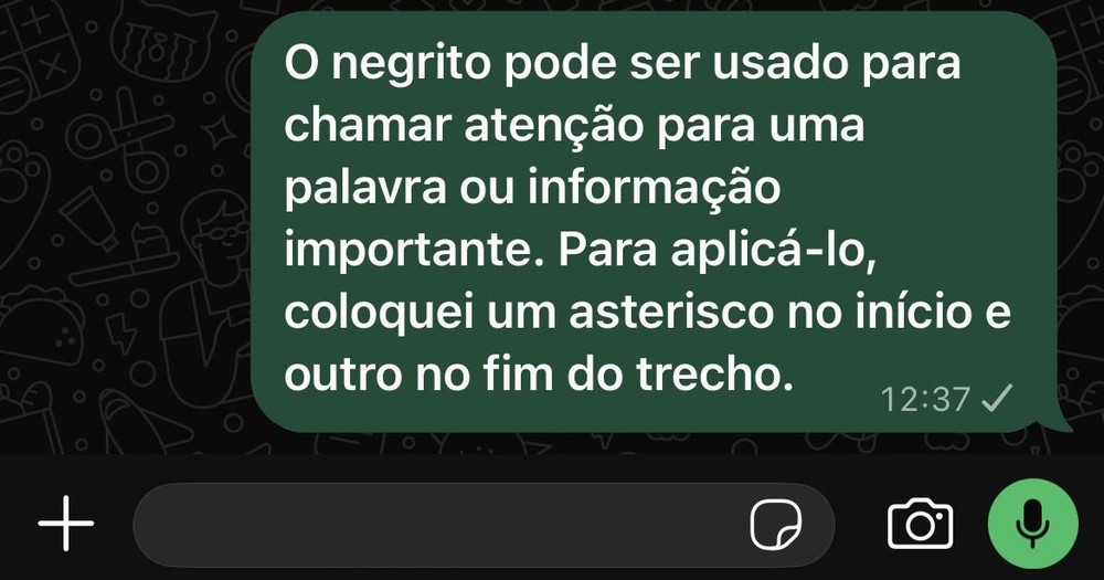 Para deixar uma mensagem em negrito, basta usar asterisco antes e depois do trecho — Foto: Reprodução/Mariana Tralback