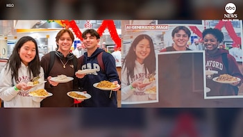 Comparación entre una foto original de tres estudiantes con platos de comida y una versión modificada por inteligencia artificial