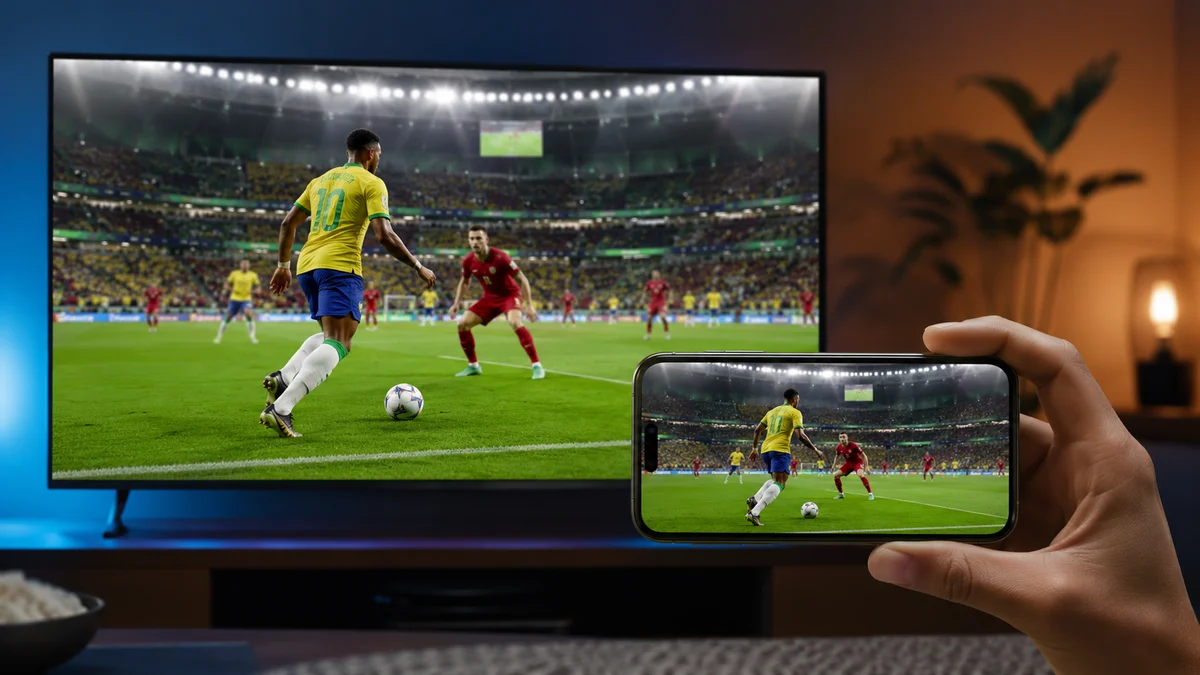 Imagem de uma TV e um celular mostrando o mesmo jogo de futebol