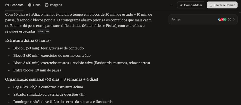 Cronograma de estudos para o Enem feito pelo Perplexity — Foto: Diedrich Bader/TechTudo