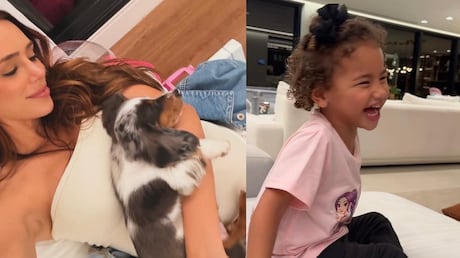 Mavie se diverte com novo cachorrinho da família de Bruna Biancardi e Neymar