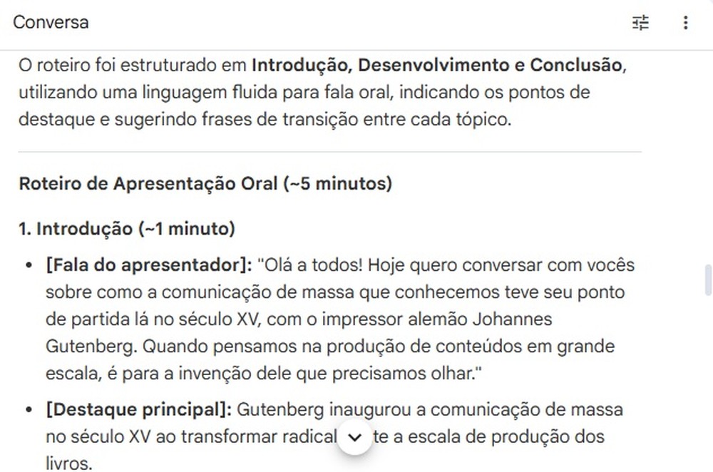 NotebookLM é capaz de transformar texto acadêmico em roteiro de fala, com introdução, desenvolvimento e conclusão — Foto: Reprodução/Mariana Tralback