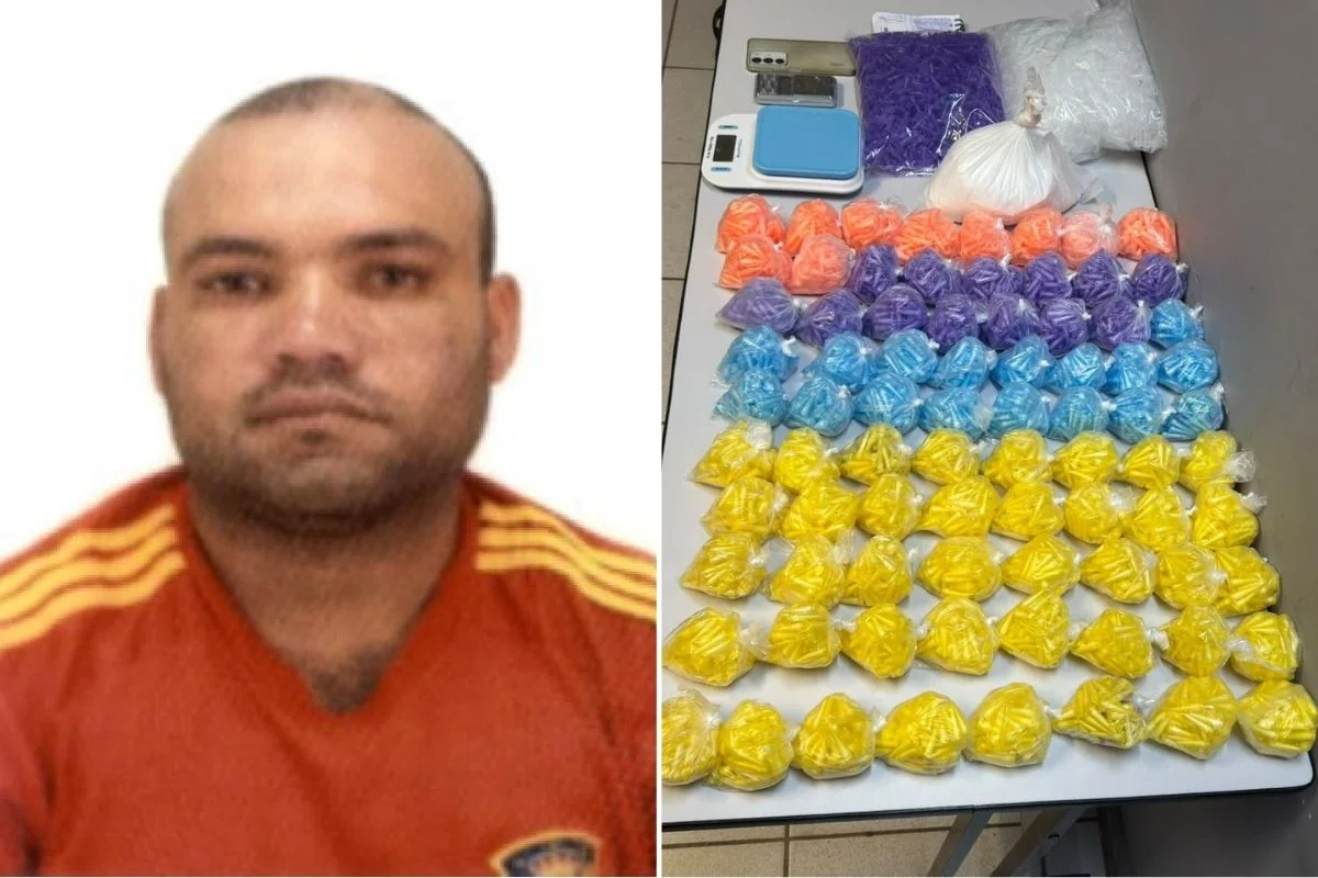 Montagem colorida mostra homem suspeito de tráfico e drogas encontradas durante uma ação policial.