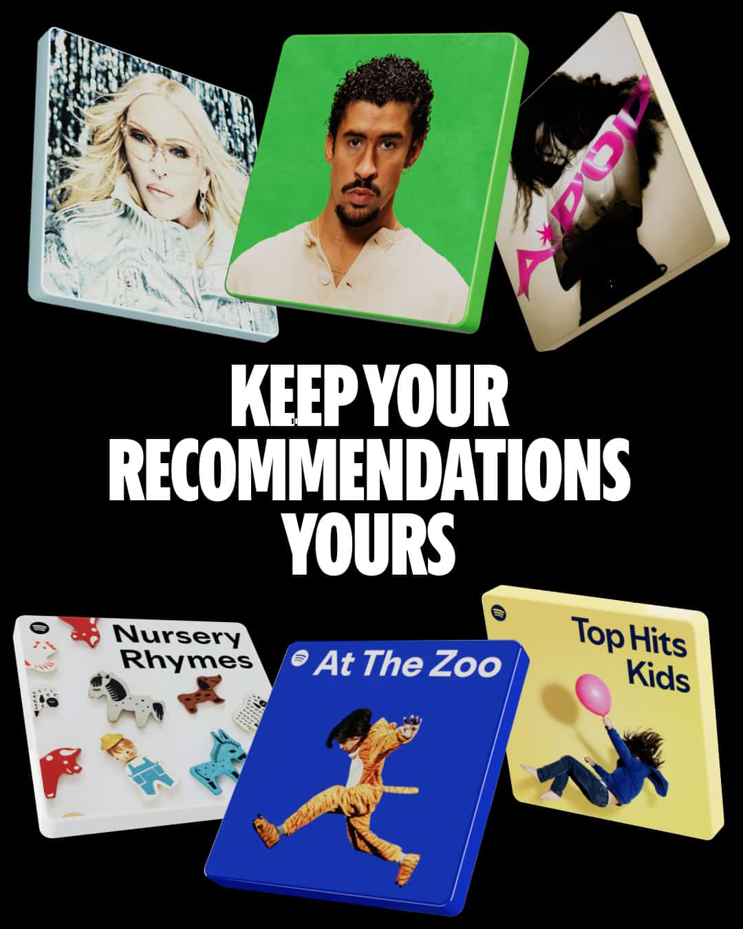 Várias fotos de artistas com a inscrição no centro "keep your recommendations yours"