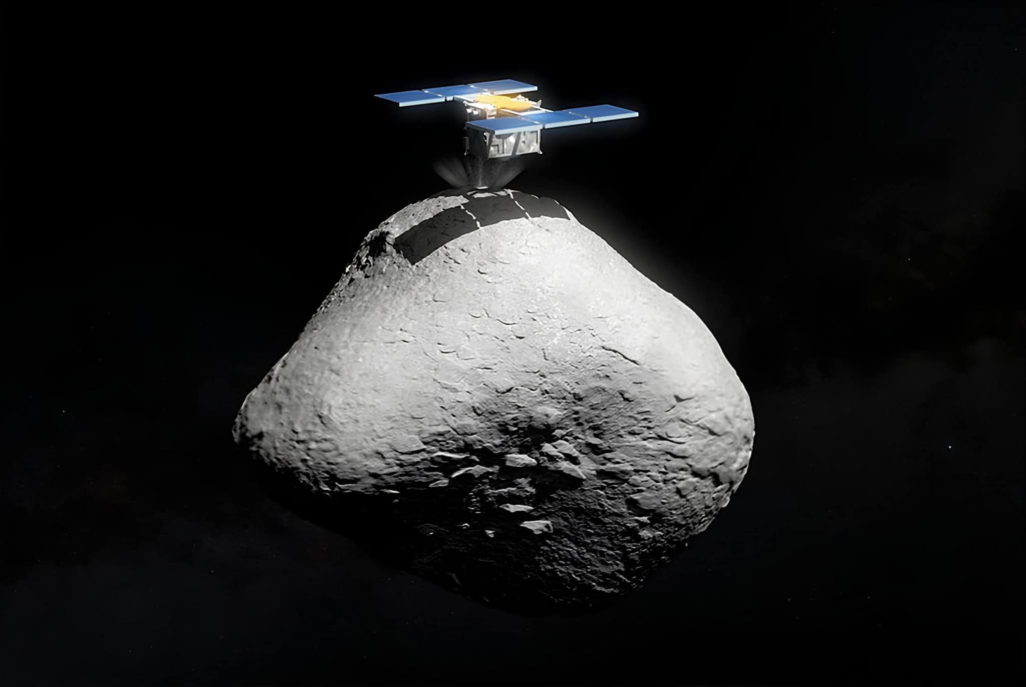 Ilustração da sonda Hayabusa 2 pousando em asteroide.