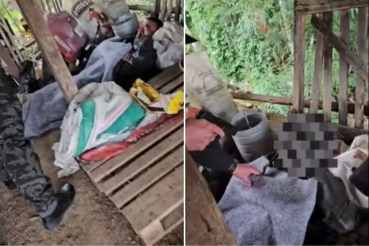 Montagem colorida do momento em que suspeito de feminicídio é preso enquanto dormia dentro de galinheiro.