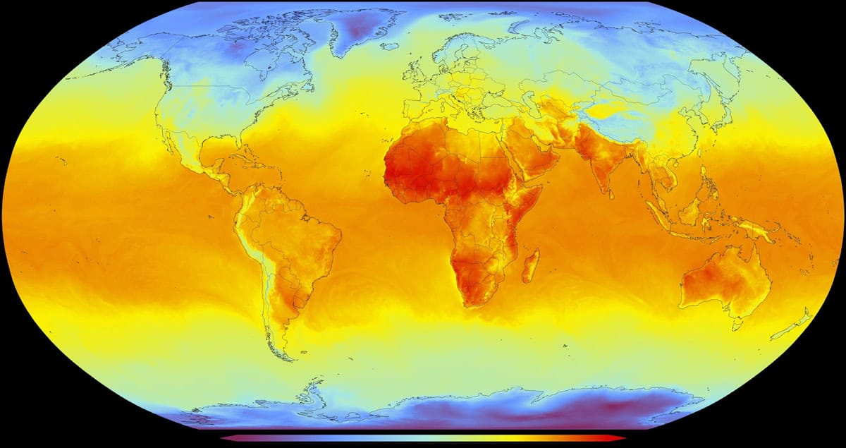 O mapa global representa a temperatura da superfície da Terra em diferentes regiões