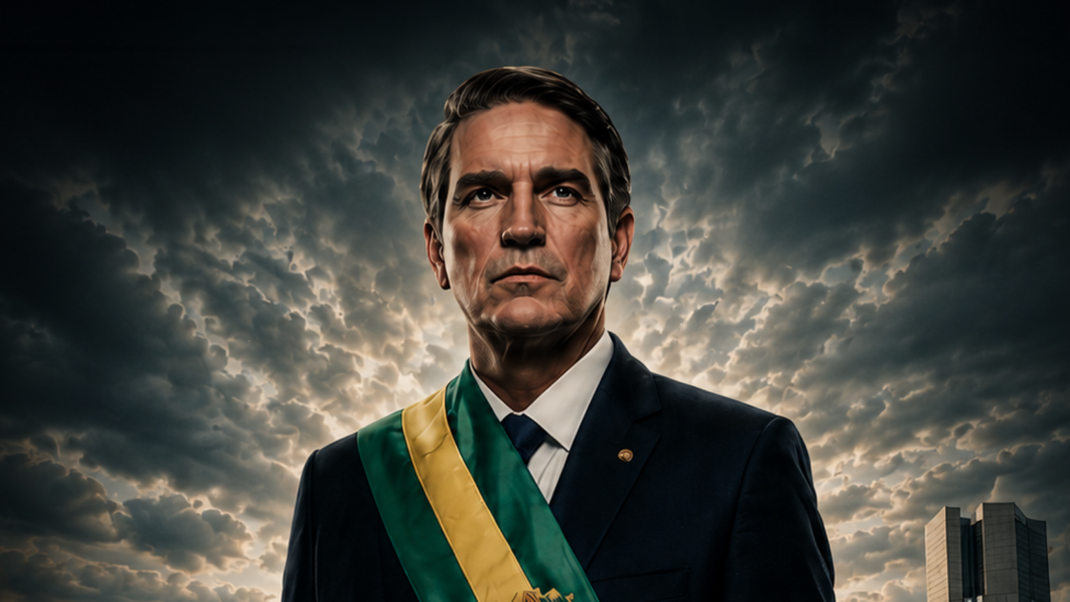 O ator americano Jim Caviezel como Jair Bolsonaro em cartaz do filme Dark Horse