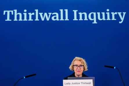 Lady Justice Thirlwall sitting in front of a sign that says ‘Thirlwall inquiry’