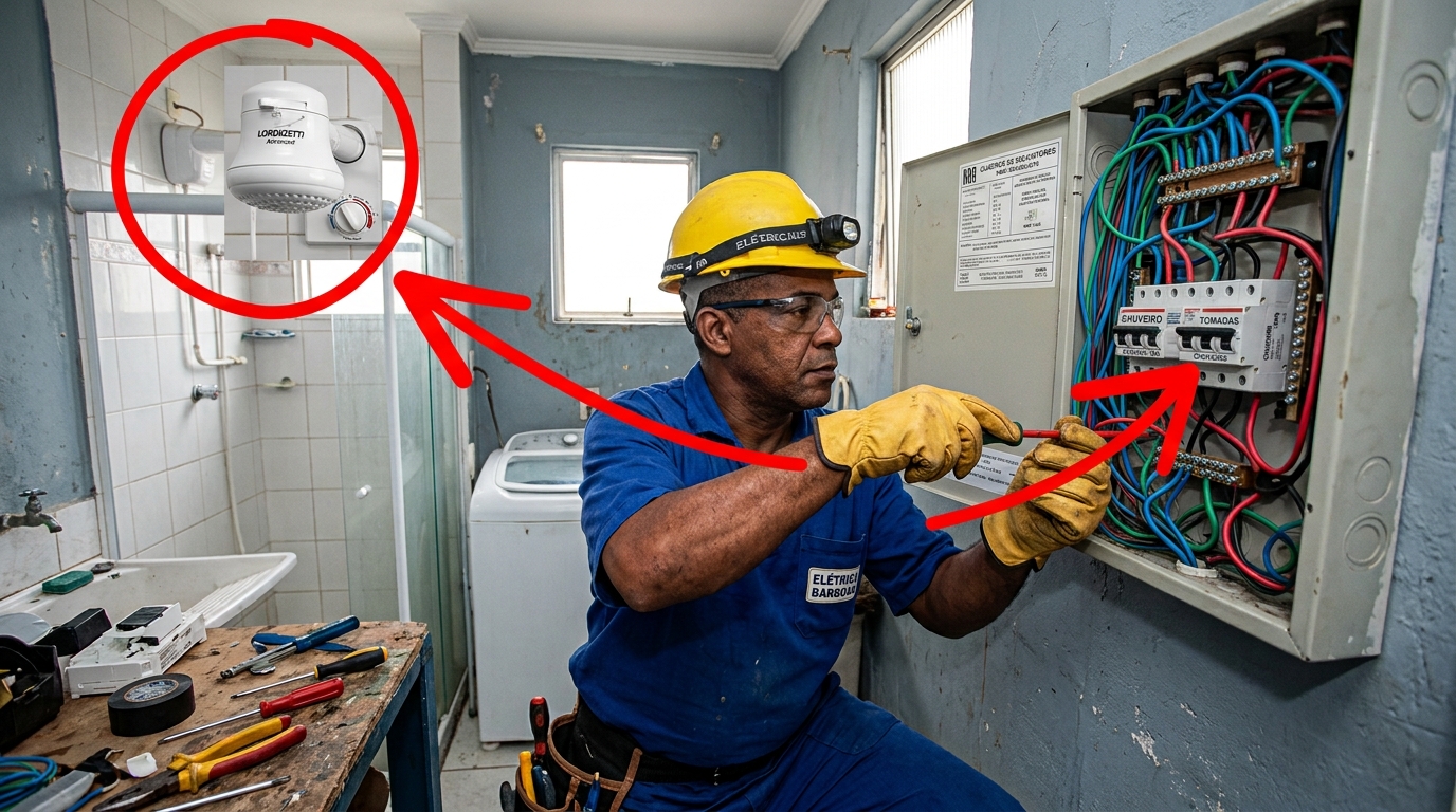 Eletricista que refaz padrão de entrada repete o mesmo alerta: casa com chuveiro e forno elétrico juntos pede padrão bifásico, e disjuntor geral subdimensionado desarma toda vez que dois aparelhos ligam