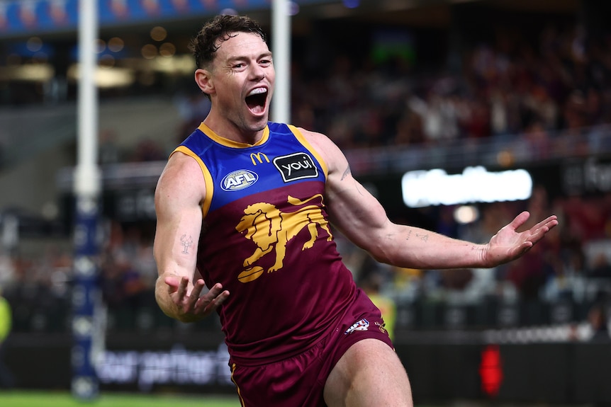 A player celebrates a goal.