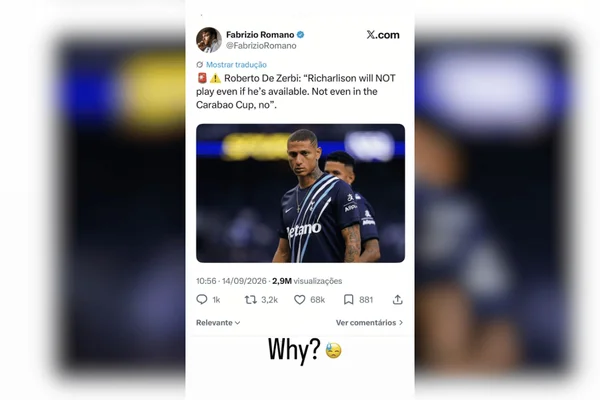 Richarlison questiona fala de técnico do Tottenham em postagem: “Por que?” - destaque galeria