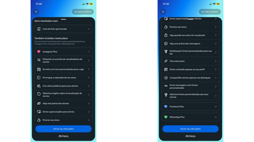Telas do Instagram Plus reúnem recursos para Stories, mensagens e perfil, como múltiplas audiências, prioridade, fontes personalizadas e mais posts fixados — Foto: Reprodução/Instagram