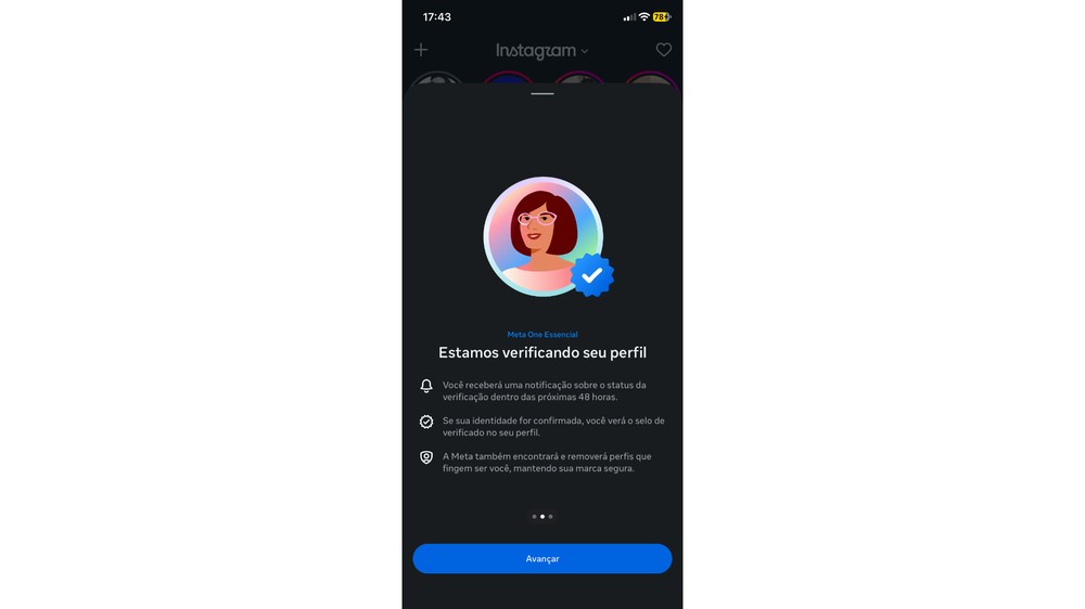 Meta One Essencial informou que o perfil estava em processo de verificação e que o status seria comunicado em até 48 horas — Foto: Reprodução/Instagram
