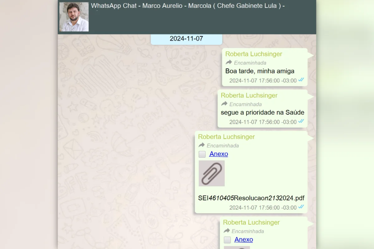 Troca de mensagens entre Roberta Luchsinger e Marcola