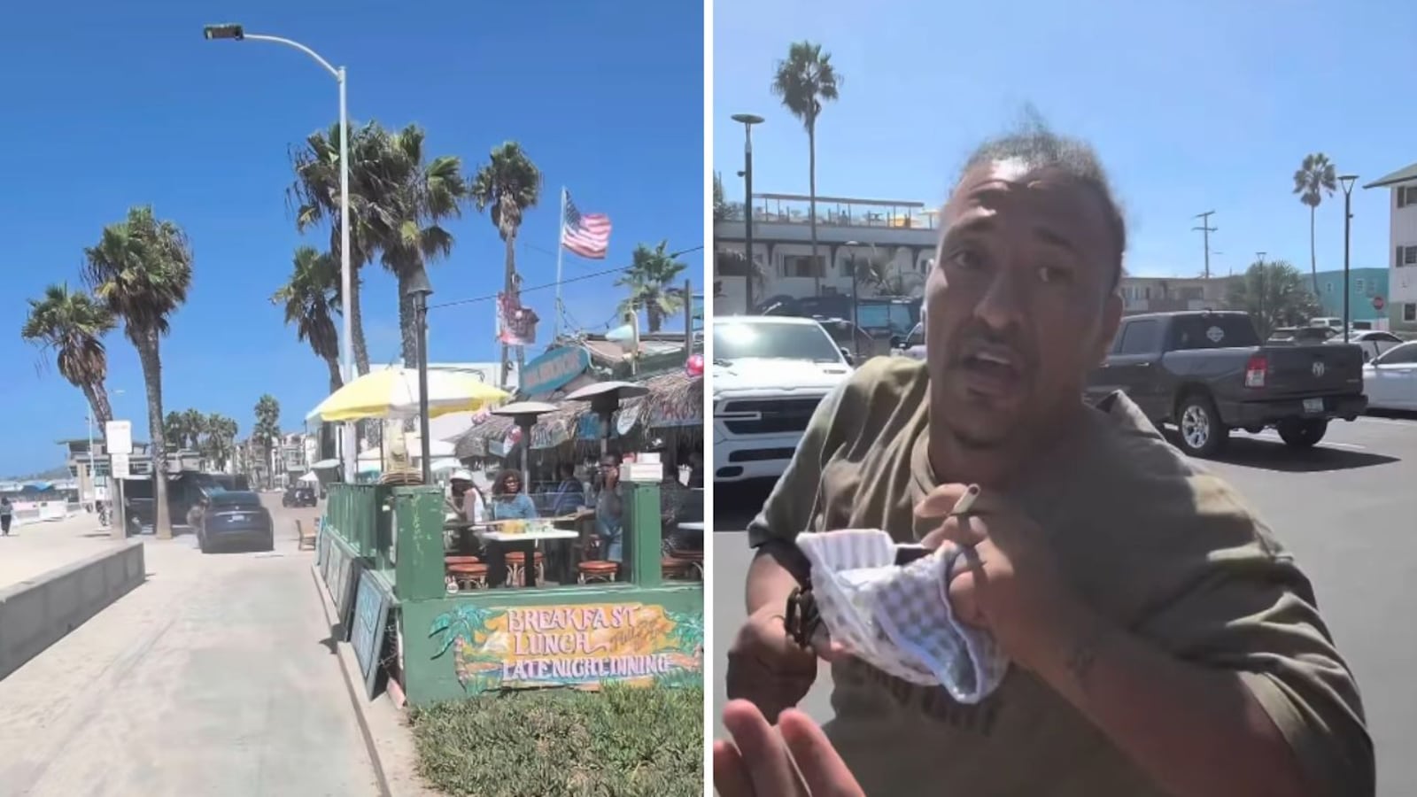 Tesla roubado invade calçadão em San Diego; à direita, suspeito é detido após perseguição Reprodução/Instagram/@alexhsrour