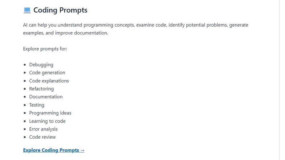 O Promptenza também possui centenas de prompts para programação — Foto: Diedrich Bader/TechTudo