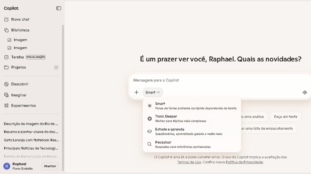 Copilot no Plano Gratuito, com o modo Smart selecionado é uma das opções disponíveis — Foto: Reprodução/Copilot