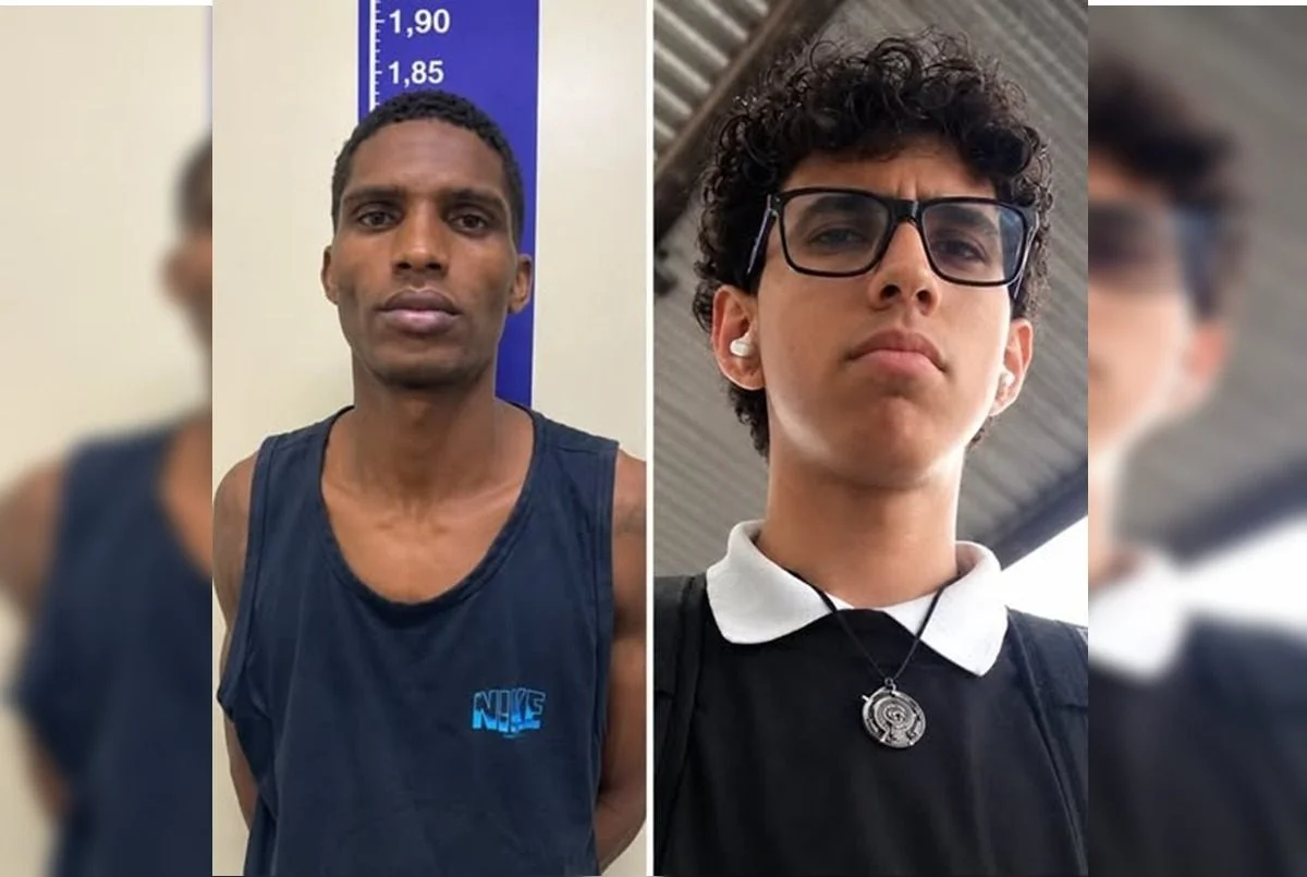 Homem preso ao lado de estudante de óculos