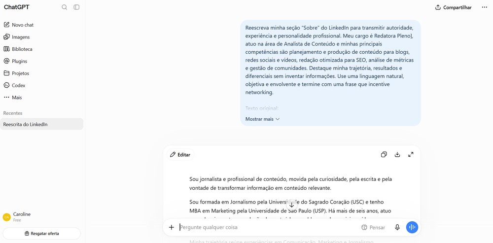 Prompt ajuda a deixar a seção Sobre mais estratégica e atrativa — Foto: Reprodução/Caroline Silvestre