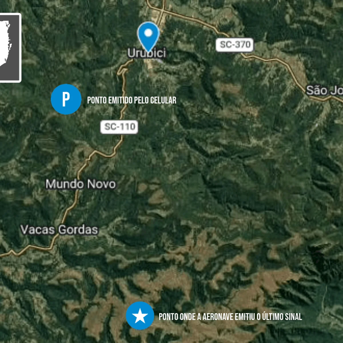 Rick: bombeiros mostram localização dos últimos sinais de helicóptero em SC