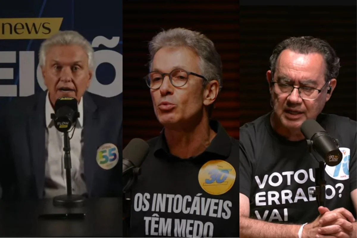Imagens coloridas mostram montagem fotográfica com Ronaldo Caiado (PSD), Romeu Zema (Novo) e Augusto Cury (Avante) foram os presidenciáveis que marcaram presença no debate