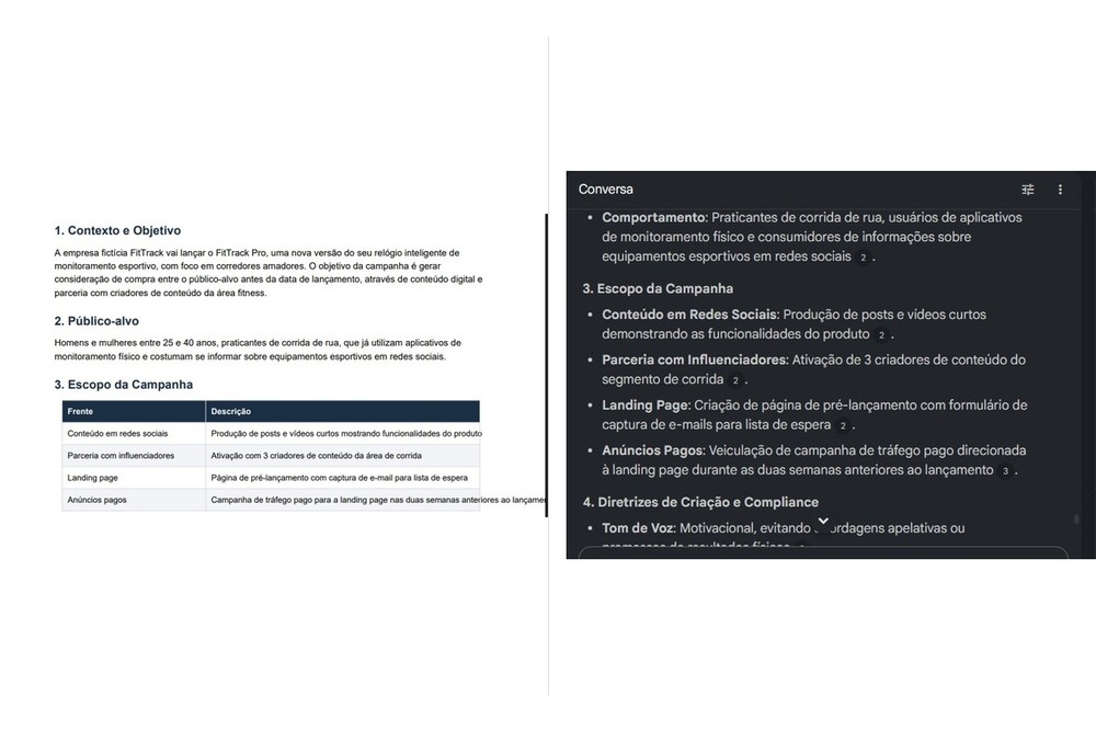 Antes e depois de um trecho de um briefing corrigido pelo NotebookLM — Foto: Diedrich Bader/TechTudo