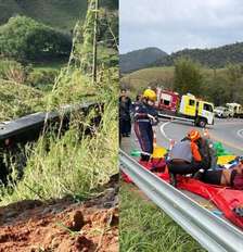 Acidente envolvendo um ônibus e um automóvel no km 232,6 da Rodovia Doutor Avelino Júnior, em Cruzeiro Foto: Divulgação/PM
