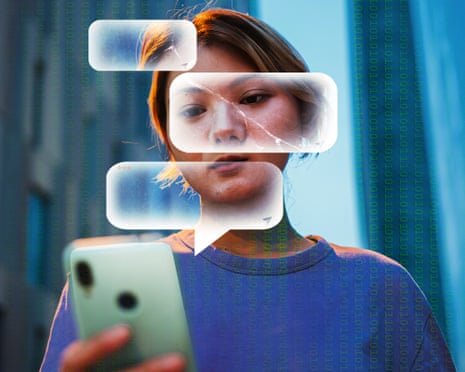 Illustration of stock image showing young women chatting on phone. The woman’s face is distorted by empty AI chat bubbles.