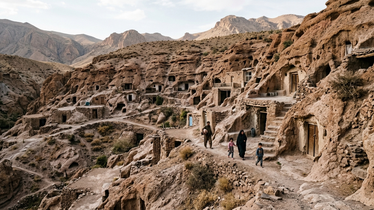 As famílias moram dentro de casas escavadas à mão na rocha macia e alternam entre a caverna de inverno e pastagens de montanha na primavera e no outono, num ciclo de três estações