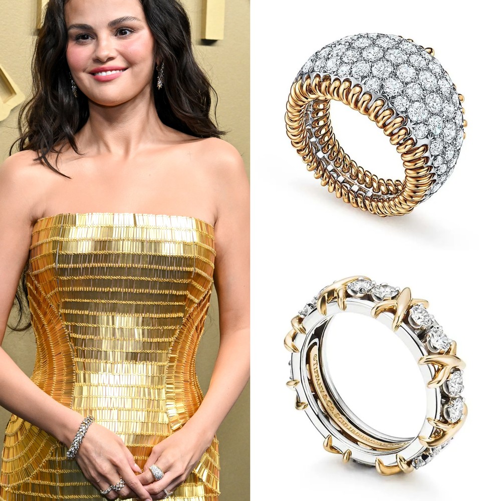 Destaques dos aneis usados por Selena Gomez no Emmy 2026 — Foto: Getty Images; Divulgação