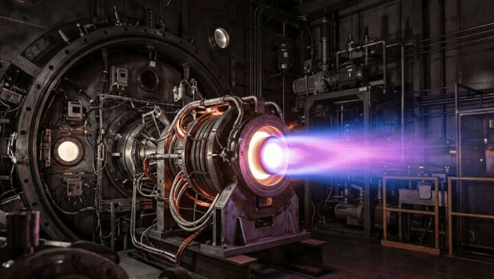 Testes de motor de magnetoplasma no Jet Propulsion Laboratory (JPL), da NASA.