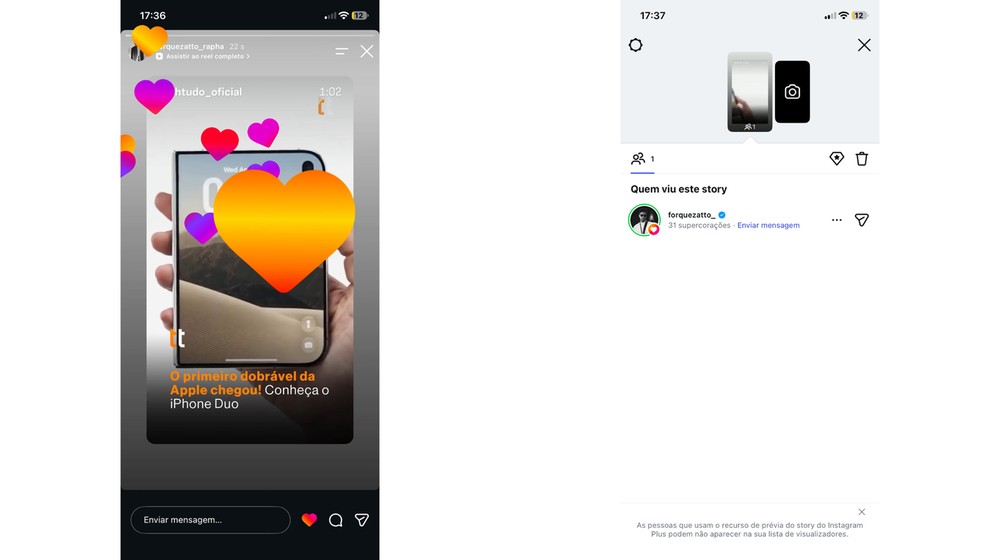 Super Likes exibem corações animados sobre o Story durante a interação tanto para quem manda quanto para quem recebe — Foto: Reprodução/Instagram