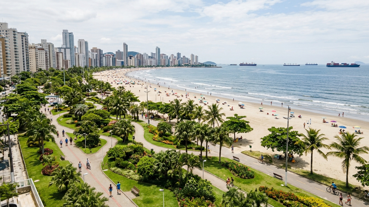 A cidade do litoral paulista onde fica o maior jardim de praia do mundo, são 5.335 metros, 920 canteiros e 1.088 palmeiras reconhecidos pelo Guinness, ao lado de um porto que movimenta um quarto do comércio brasileiro