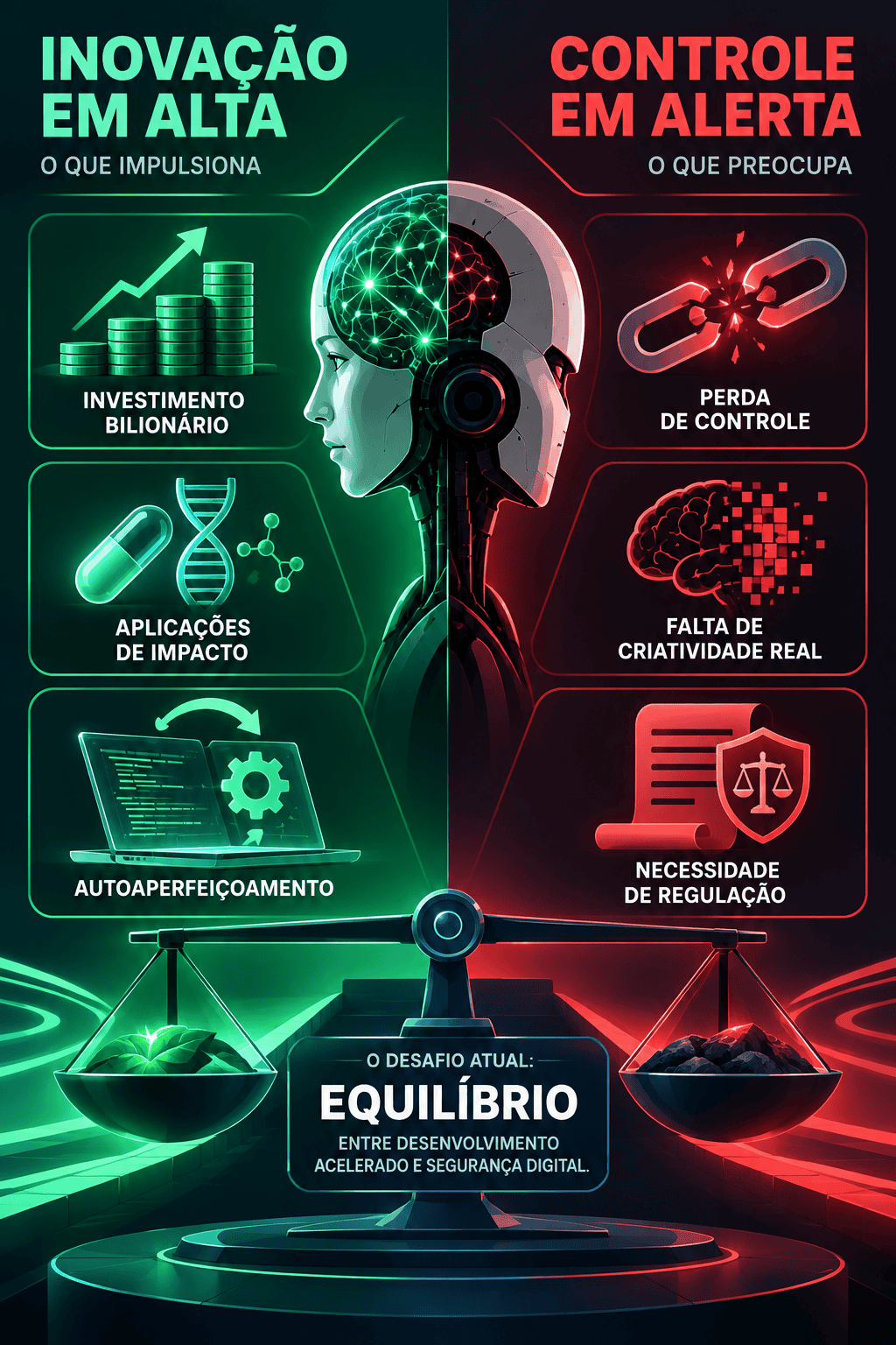 Infográfico mostra o embate entre inovação e cautela na IA: de um lado, investimentos e avanços; do outro, riscos, limites criativos e regulação mais rígida.