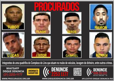 Disque Denúncia divulga cartaz de oito procurados por roubos de veículos no Méier, no Rio