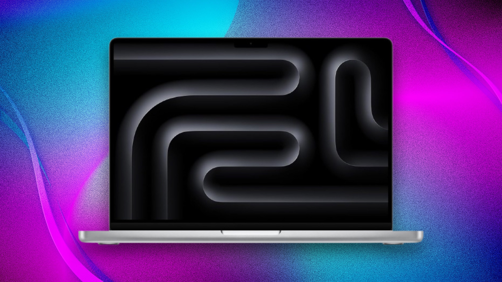 Apple M5 MacBook Pro in silver on a blue and purple background